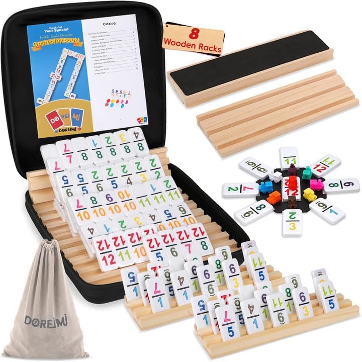 Doreimi Store Mexican Train Dominoes Set Numbers and 8 Wooden Holders, Double 12 Travel Domino Train Game with 91 Colored Tiles and Protable Case, Number Domino Set for Kids, Adults Family Board Team Games - Image 1